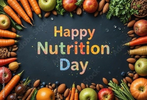Fototapeta A dark background displays the words Happy Nutrition Day surrounded by a frame of various fresh fruits, vegetables, and nuts.
