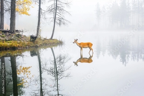 Fototapeta A Chinese water deer cautiously approaching a tranquil lake in the misty morning of eastern China.