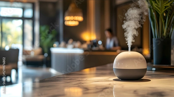 Fototapeta a diffuser in front office desk of a luxury hotel with the customer service serving the customer
