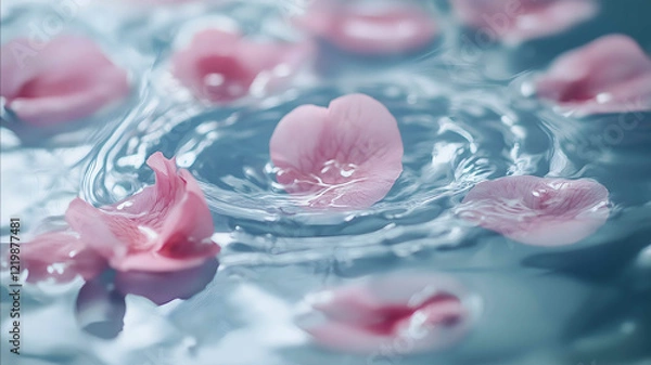Fototapeta Closeup of a pedicure with clean water and scattered flower petals highlighting simplicity
