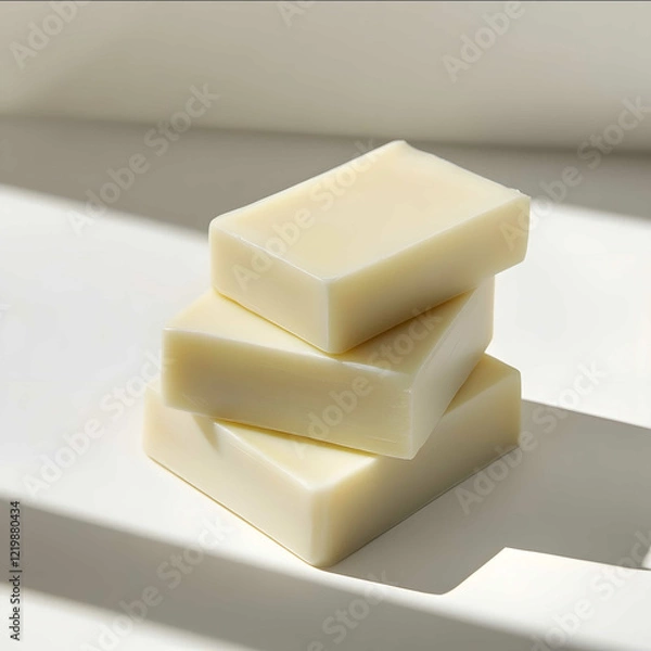 Fototapeta three bars of organic goat milk soap arranged in a visually attractive way on a white background single large light source at upper camera left with white bounce mater