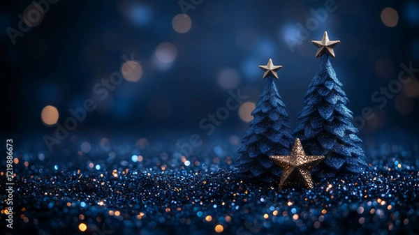 Fototapeta Two small blue Christmas trees are adorned with stars and stand on a dark blue, sparkling background.