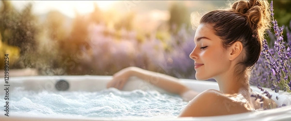 Fototapeta promotional photo of a woman on a wellness treatment in a hot tub with lavender she is relaxed and calm 23 of the text space