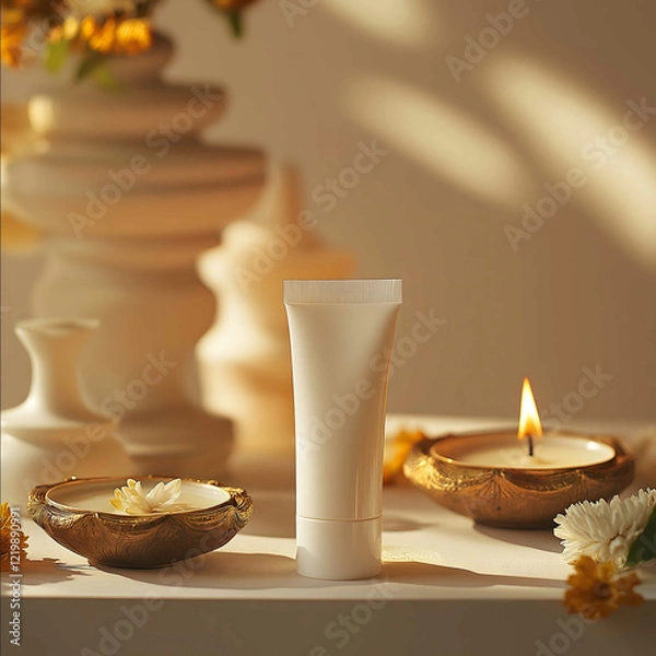 Fototapeta a white skincare tube placed on a Diwalithemed table and a light beige colour theme lightning at the back minimal background Diwali