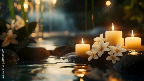 Fototapeta A serene spa scene with candles and water features The background is in soft focus creating a peaceful atmosphere There are also some flowers in the scene contributing