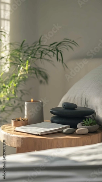 Fototapeta A hyperrealistic closeup shot of a Mindfulness Corner on a Bedside Table in a Tranquil Bedroom Features include a meditation cushion scented candle journal mini Zen ga