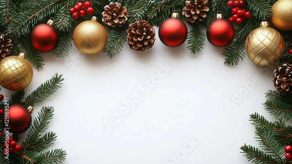 Fototapeta A horizontal image featuring a festive Christmas border composed of evergreen branches, red and gold ornaments, pine cones, and berries. 