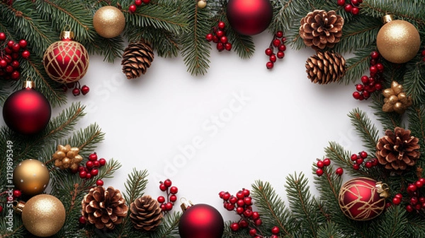Fototapeta A horizontal image featuring a festive Christmas border composed of evergreen branches, red and gold ornaments, pine cones, and berries. 