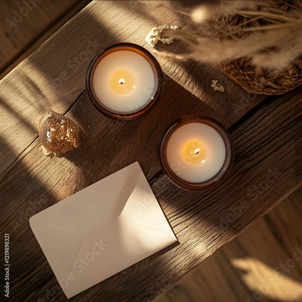 Fototapeta An artistic topdown view of Jakulo evoucher design Two candles in brown and frosted white glass jars sit on a rustic wooden surface surrounded by abstract decorative a