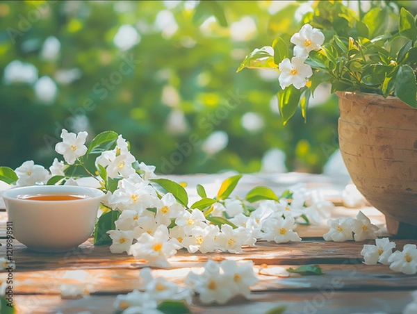 Fototapeta Surrounding are loose jasmine flowers and tea leaves scattered The background is a soft outoffocus garden scene with warm natural light creating a refreshing and invit