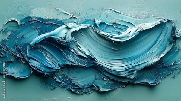 Fototapeta An abstract image featuring a single, bold stroke of blue paint on a light green background. 