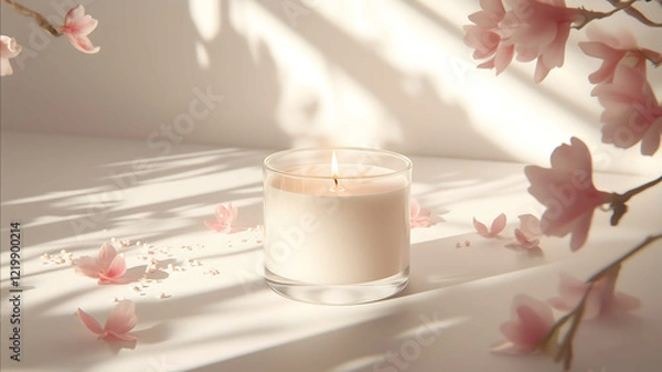 Fototapeta Stylized product shot featuring a clear glass candle in the center surrounded by subtle floral petals and sugar sprinkles set against a clean white studio backdrop wit