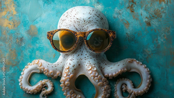 Obraz A playful octopus wearing sunglasses is posed against a teal background. The image is whimsical and could be used for various creative purposes. 