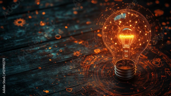 Obraz A warm, glowing light bulb on a dark wooden background. The image evokes feelings of innovation, ideas, and inspiration.