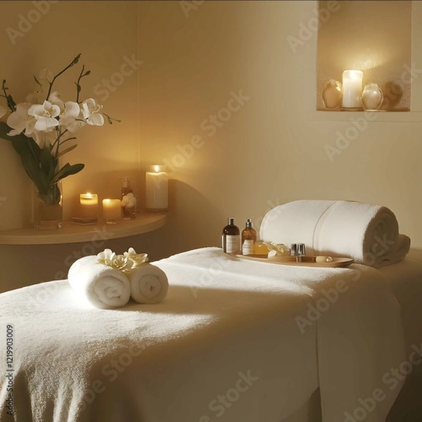 Fototapeta Una imagen de una sala de masajes tranquila y elegante con paredes de color pastel suave luces tenues y velas aromaticas dispersas Una camilla de masaje esta cubierta