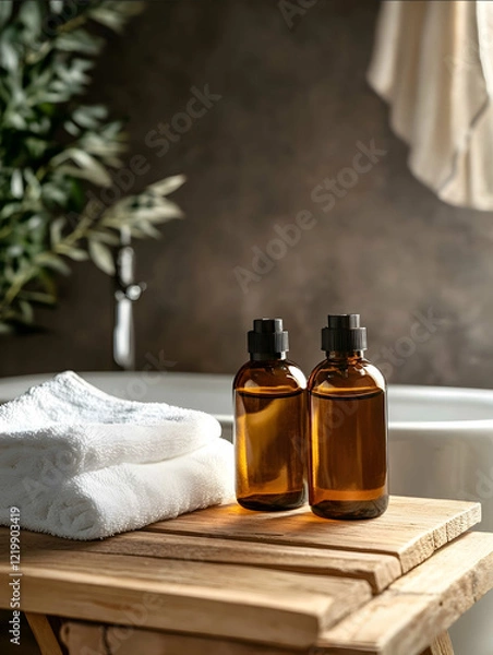 Fototapeta Two deep amber bottles of facial cleanser and water placed on a wooden table with a white towel and a white bathtub at the back Coffee and deep amber coffee background