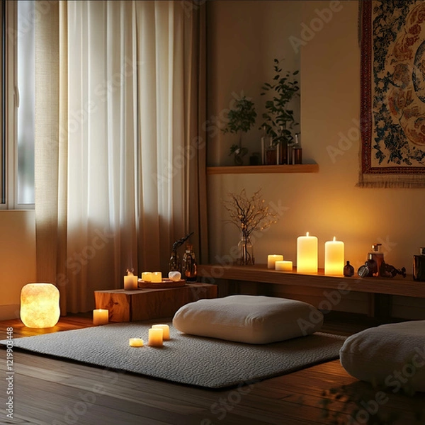 Fototapeta Hyperrealistic indoor scene of a serene meditation corner inside a cozy home The corner features a soft meditation mat surrounded by flickering candles in varying size