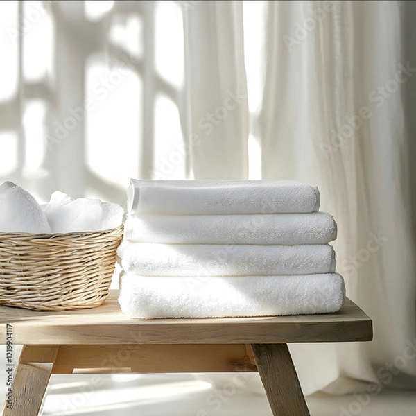 Fototapeta Product photography featuring a table The color scheme includes light white with three flat towels in a basket next to the table Feeling of safety for children and all