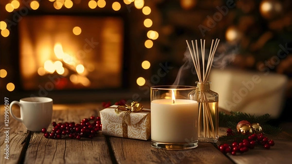 Fototapeta Aromatic candle in a glass and a reed diffuser mikado elegantly displayed on a rustic wooden table in a cozy warmly lit dining room The setting is decorated with festi