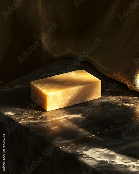 Fototapeta photography A luxurious dark setting showcasing a bar of argan oil soap placed on a marble slab with golden details The soap has a creamy texture illuminated by a soft