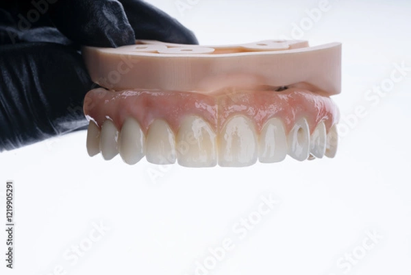 Fototapeta Full dental zirkonium prosthesis on titanium bar stained with stains for ceramic
