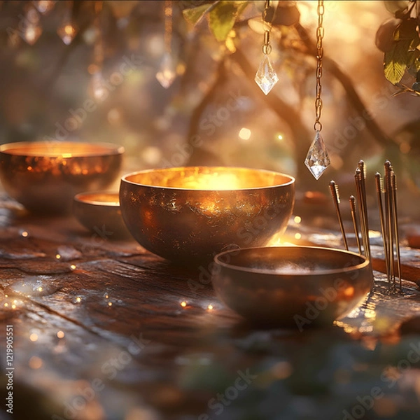 Fototapeta make an image for a website called glow with amber that does sound healing with crystal sound bowls tuning forks chimes Show the tools looking beauitful and inviting.j