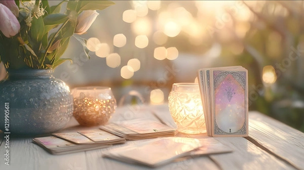 Fototapeta imagine Ethereal tarot card reading serene and soothing tarot cards and wellness products on a light wood table soft candlelight pastel tones delicate details dreamy a