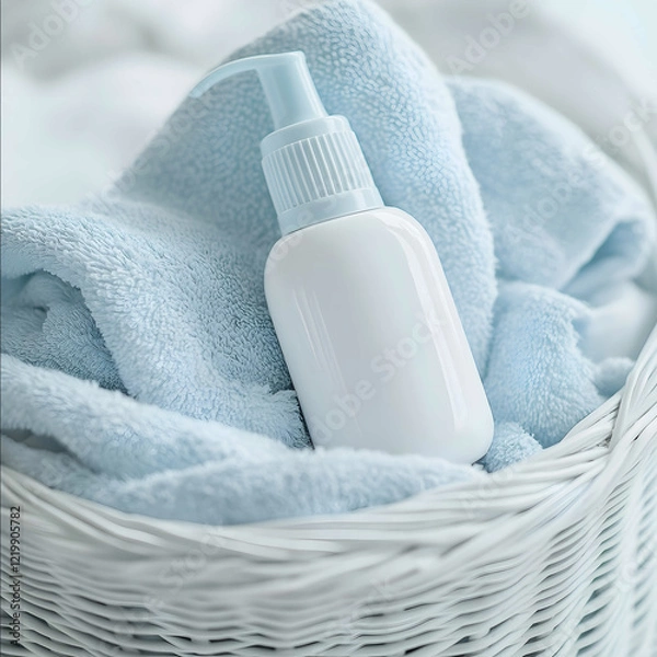 Fototapeta A closeup view of a white basket filled with clean towels and a soft skyblue fabric with a single white semitransparent baby lotion bottle with a skyblue cap prominent