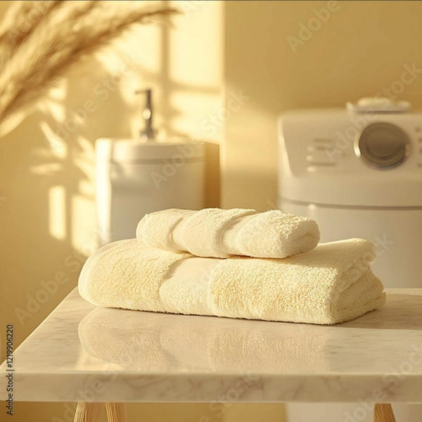 Fototapeta a light yellow bathroom wahsing machine in the background on the front center there is a closeup marble table with towels for product display the background is slightl