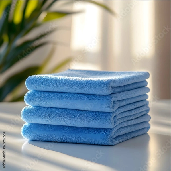Fototapeta A stack of blue microfiber cloths on the table a professional product photo mockup with soft lighting and a minimalistic background