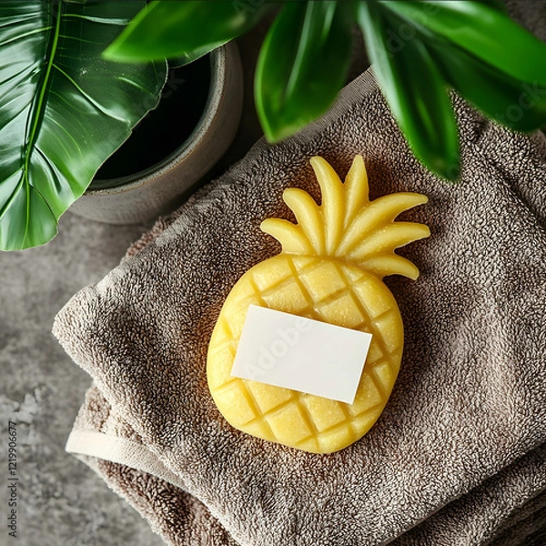 Fototapeta PINEAPPLE shaped Soap bar with blank label on light brown folded towels near green plant PINEAPPLE and vessel basin in bathroom top view