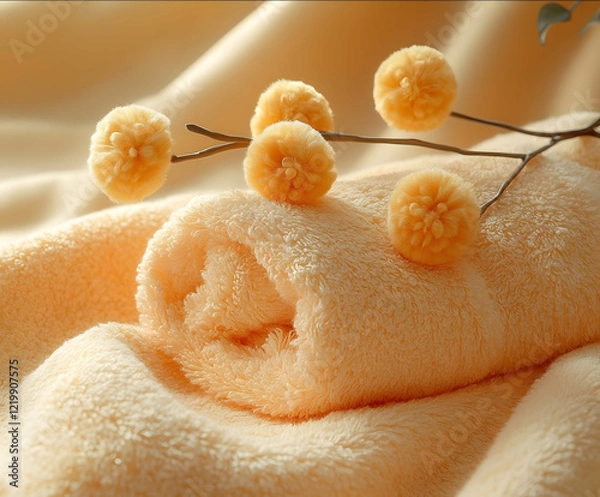 Fototapeta A closeup of two soft plush orange towels with yellow fluffy balls on top set against an elegant beige background The focus is placed in the center where one towel has