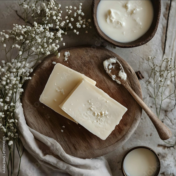 Fototapeta product photo of tallow and cows milk rustic