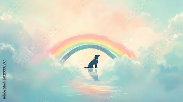 Fototapeta A pastel-colored rainbow bridge arches over soft clouds with a dog waiting lovingly at the end on rainbow bridge remembrance day. Celestial Bridge. Illustration