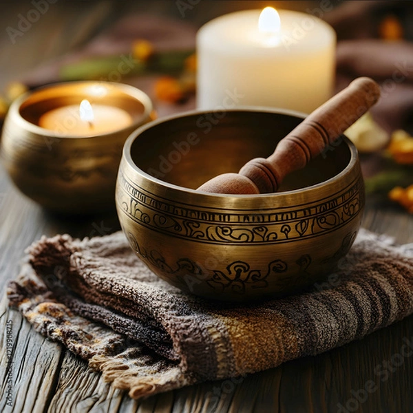 Fototapeta Tibetan singing bowls with wooden mallet candles in the background spa and wellness setting focus on the bowl and its intricate designs warm ambient lighting closeup s