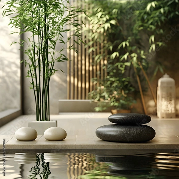 Fototapeta Create a serene spa environment featuring lush spa plants like aloe vera and bamboo surrounded by soft natural lighting Include elements like smooth stones a tranquil