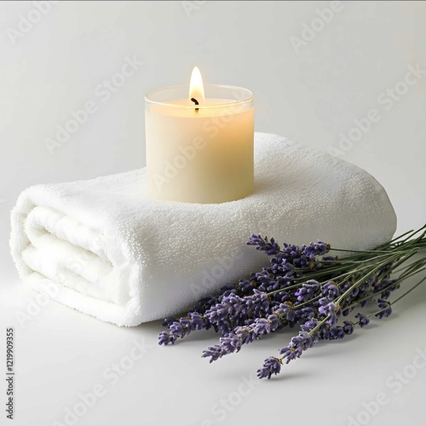 Fototapeta A minimal spa arrangement featuring a smooth white towel a single lit candle and a sprig of lavender isolated on an absolutely white background No shadow no small dist