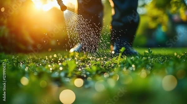 Fototapeta Gardener Spraying Water on Lush Green Grass in Golden Hour Light for Lawn Care and Maintenance