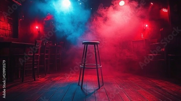 Fototapeta Jazz Club Scene with Spotlight Stool Fog Lights Comedian Stage Microphone Night Club Vintage