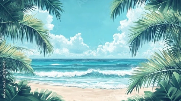 Fototapeta A beautiful beach scene with palm trees and a blue ocean