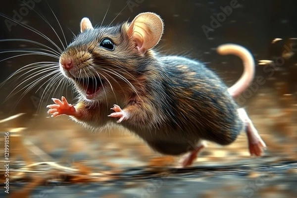 Fototapeta Scared gray rat running away in fear with big eyes and fluffy fur captured in dynamic motion