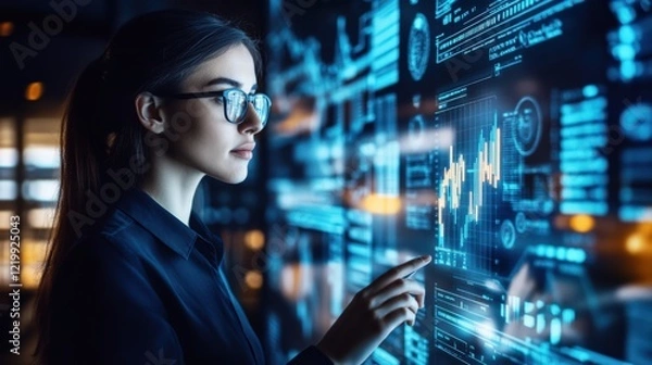 Fototapeta A woman is looking at a computer screen with a lot of numbers and graphs