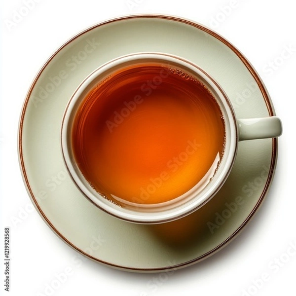 Fototapeta A warm cup of tea on a saucer, overhead view.