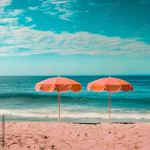Fototapeta A tranquil beach day scene with pink umbrellas, calm ocean waves, and a soft pastel palette, evoking dreamy, whimsical summer vibes by the sea.