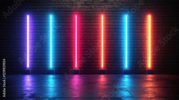 Fototapeta Five vibrant neon lights in different colors illuminate a dark brick wall, casting reflections on the wet concrete floor.