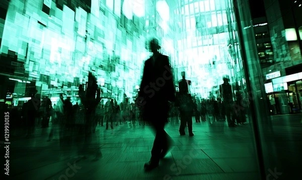 Fototapeta Businessman walking through crowded urban space with green digital art installation