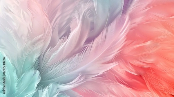Fototapeta Abstract pastel feathers in coral, turquoise, and lavender swirl gracefully, blending softly for a serene and uplifting backdrop.