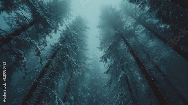 Fototapeta Looking up into a misty, snow-covered forest.