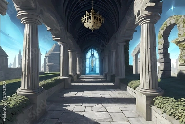 Fototapeta ゲーム背景　明るい屋外の王宮にある屋外通路
