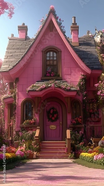Obraz Charming Pink Cottage House with Flowery Garden